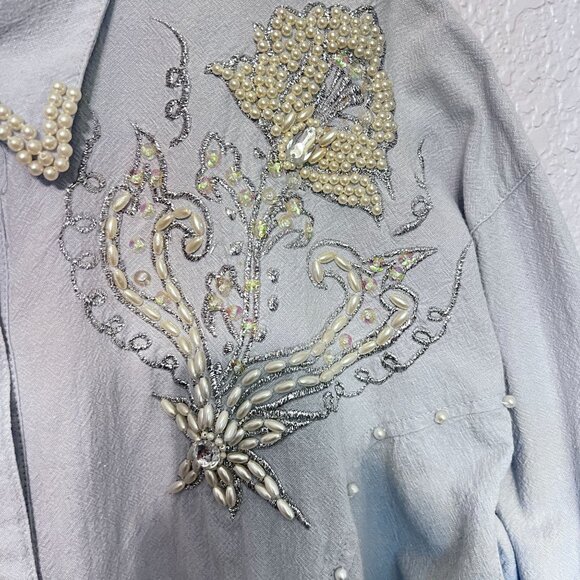 Vtg Elite Western Light Blue Button-Up Shirt W/ Pearl & Bead Floral Design M - Picture 4 of 10